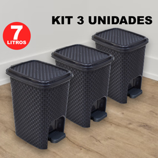 Kit 3 Lixeira Cesto de Lixo 7 Litros Rattan Com Tampa e Pedal Para Banheiro Cozinha De Plástico em Oferta na Shopee