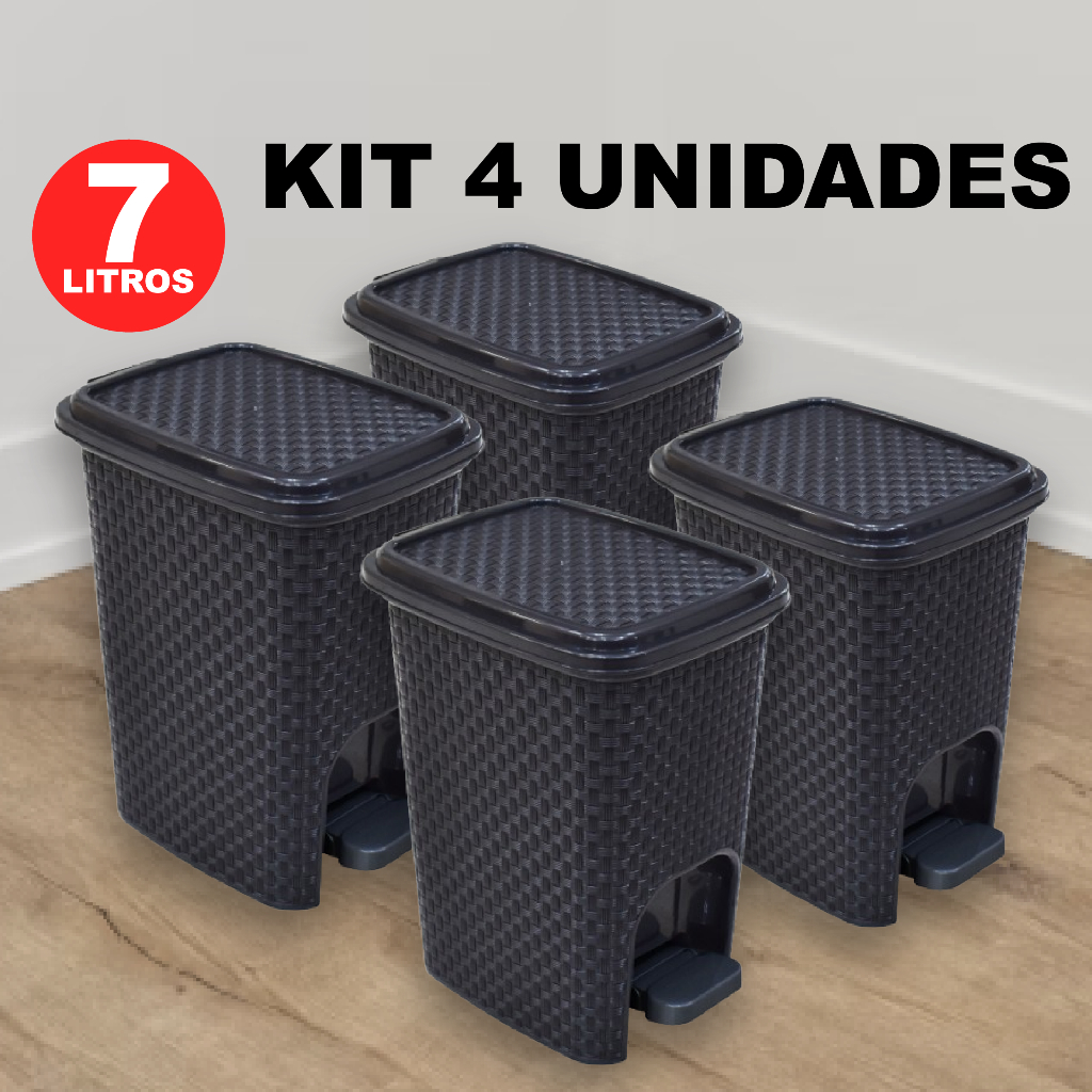 Kit 4 Lixeira Cesto de Lixo 7 Litros Rattan Com Tampa e Pedal Para Banheiro Cozinha De Plástico em Oferta na Shopee