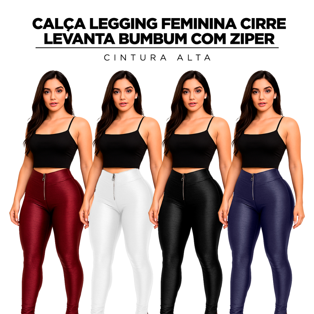 Calça Legging Feminina  Cirre Levanta Bumbum Com Ziper Cintura Alta