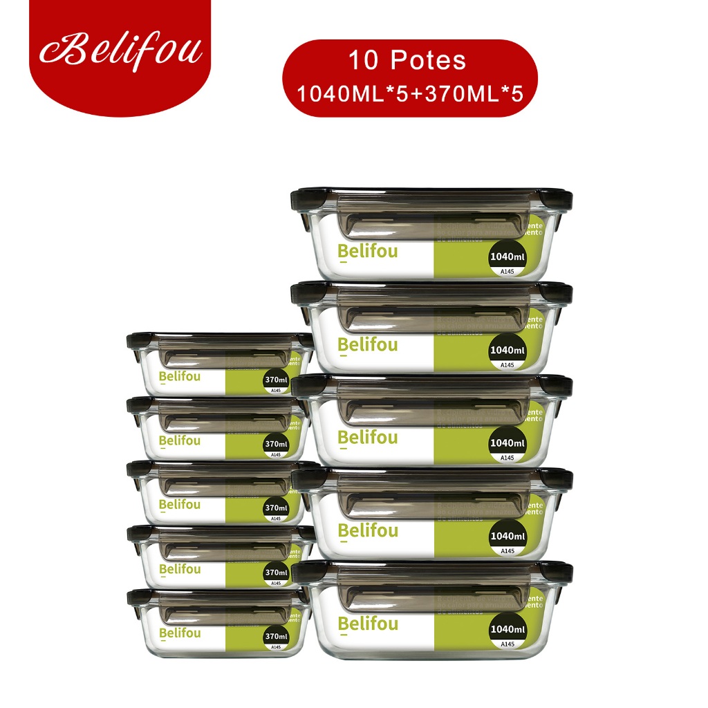 Belifou Conjunto 10 Potes 1040ML+370 ML Vidro Hermético 4 Travas Com Orifícios De Ar - Hestia