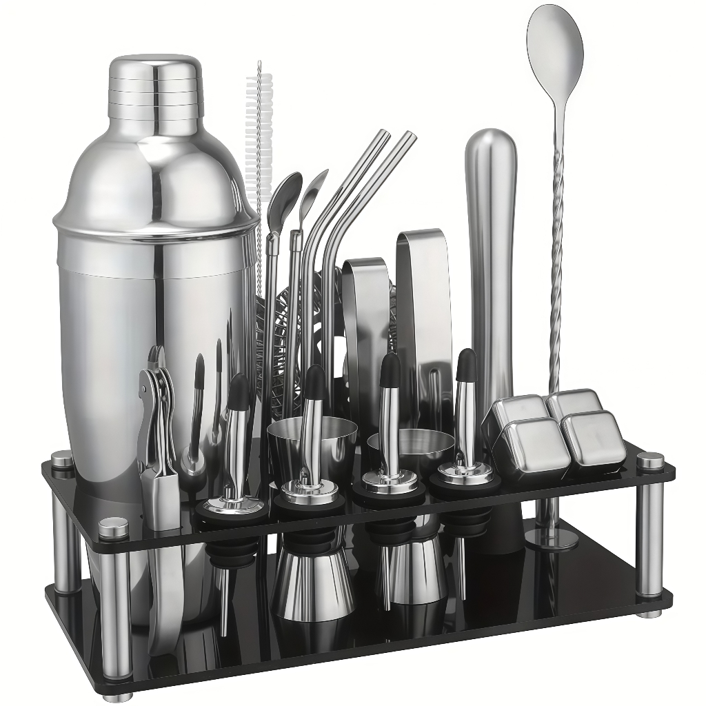 Cocktail Bar Utensilios Kit 23 Peças Inox Coqueteleira 750ml Profissional + Suporte Sacador Dosador