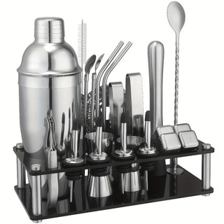 Cocktail Bar Utensilios Kit 23 Peças Inox Coqueteleira 750ml Profissional + Suporte Sacador Dosador