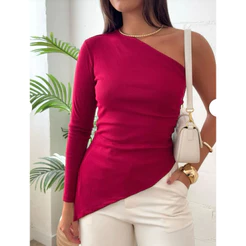 Blusa Assimétrica Manga Longa Mula Manca Básica Elegante Ribana Algodão Um Ombro Só Tendência