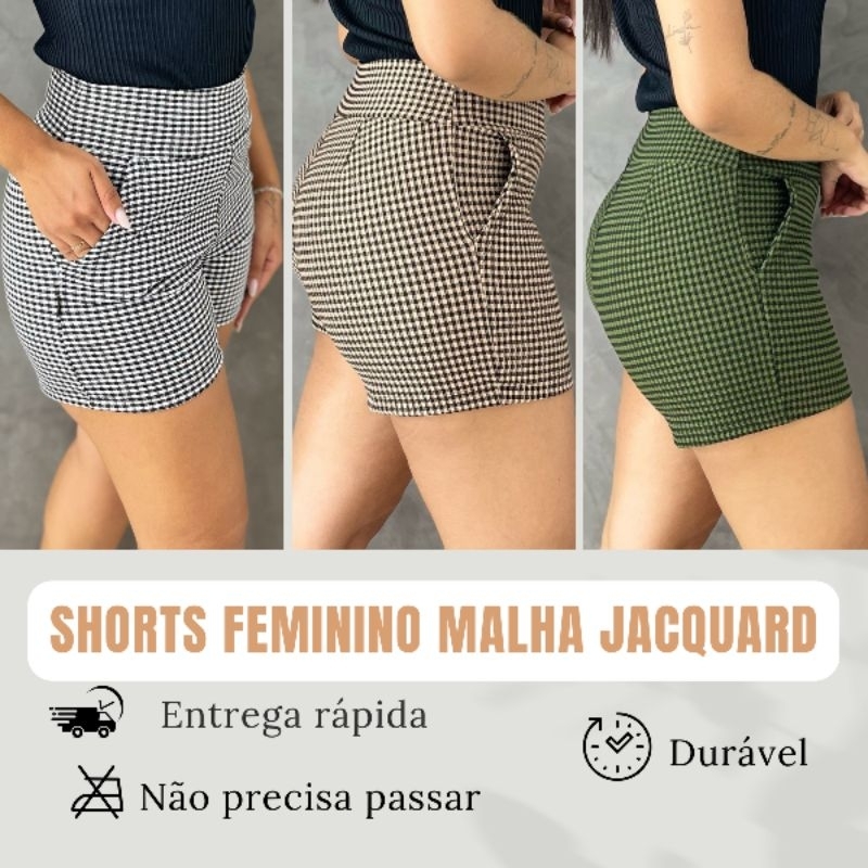 Short Feminino Jacquard Xadrez Confortável Básico  Malha Elastano. em Oferta na Shopee