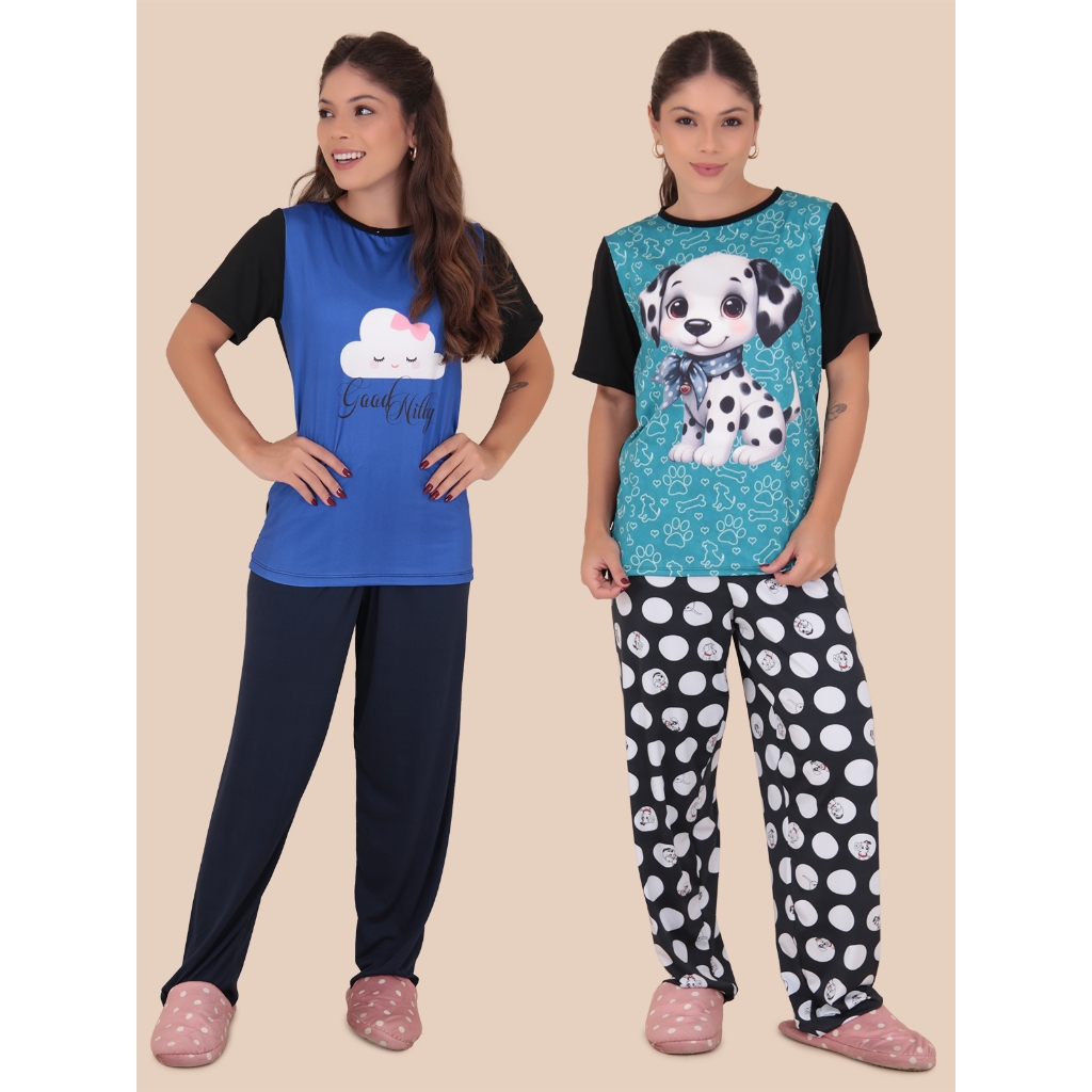 Kit 2 Pijamas Feminino Virginia Manga Curta Suede em Oferta na Shopee