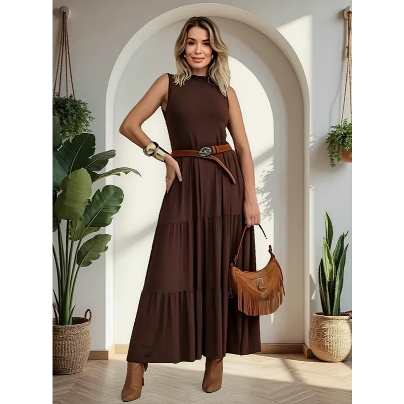 Vestido Longuete Feminino Básico em Viscolycra Marrom Tendência Inverno 2025 em Oferta na Shopee