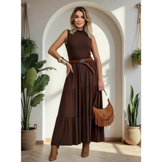 Vestido Longuete Feminino Básico em Viscolycra Marrom Tendência Inverno 2025 em Oferta na Shopee