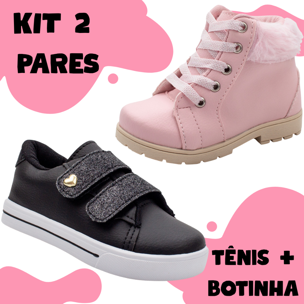 Kit 2 Pares Coturno Mais Tênis Infantil Menina Bota Sola Tratorada Casual Star Confortável Promoção