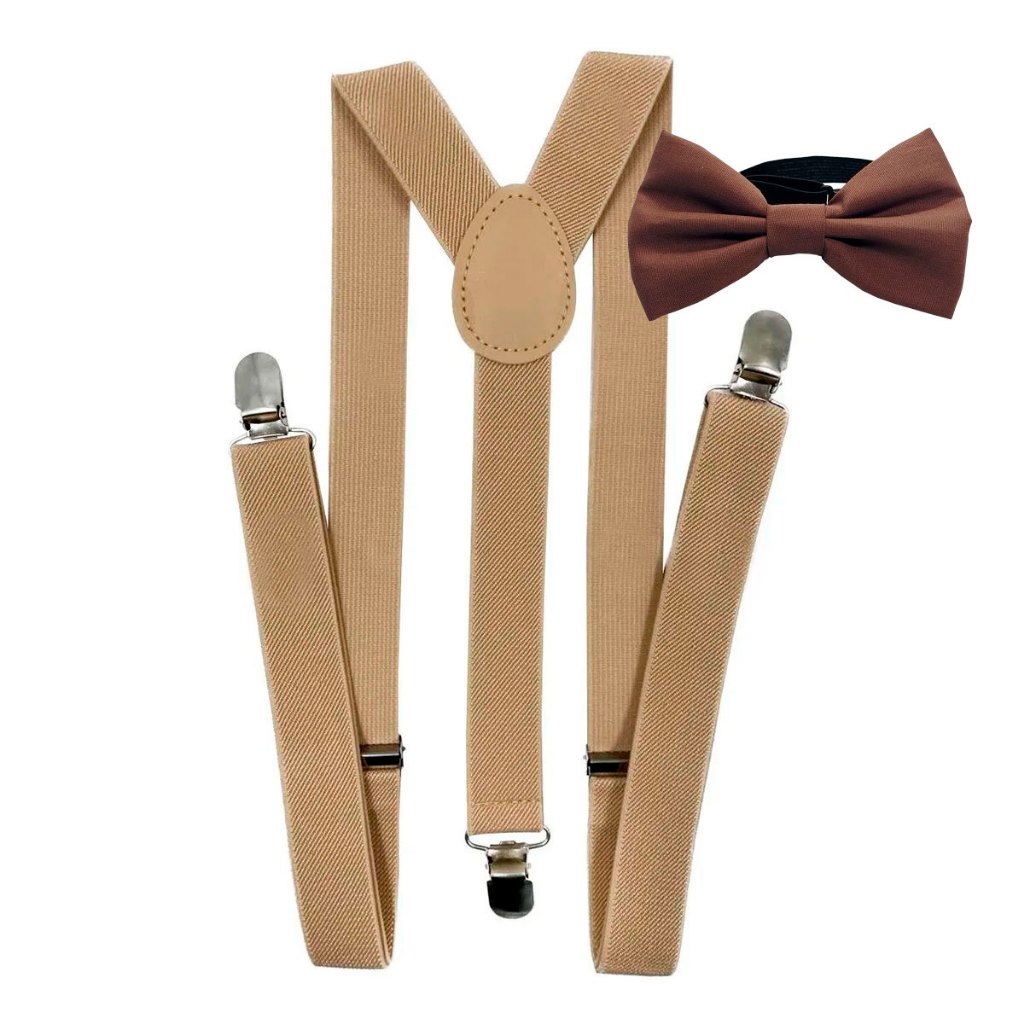 Kit Suspensório Bege + Gravata Borboleta Marrom