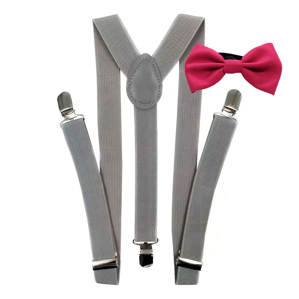Kit Suspensório Cinza + Gravata Borboleta Fucsia