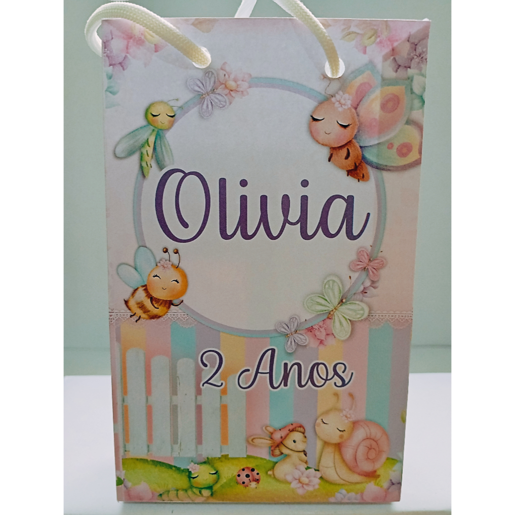Sacolinha Personalizada Jardim Aquarela para Lembrancinha Festa Infantil Sacola Surpresa, tam. PP (15,6 x 9,3 x 4,3 cm).