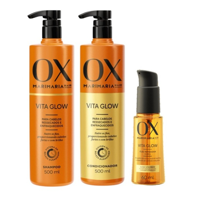 OX Vita Glow Mari Maria ( Shampoo + Condicionador 500ml e Óleo Reparador 60ml ) -Envio Rápido em Oferta na Shopee