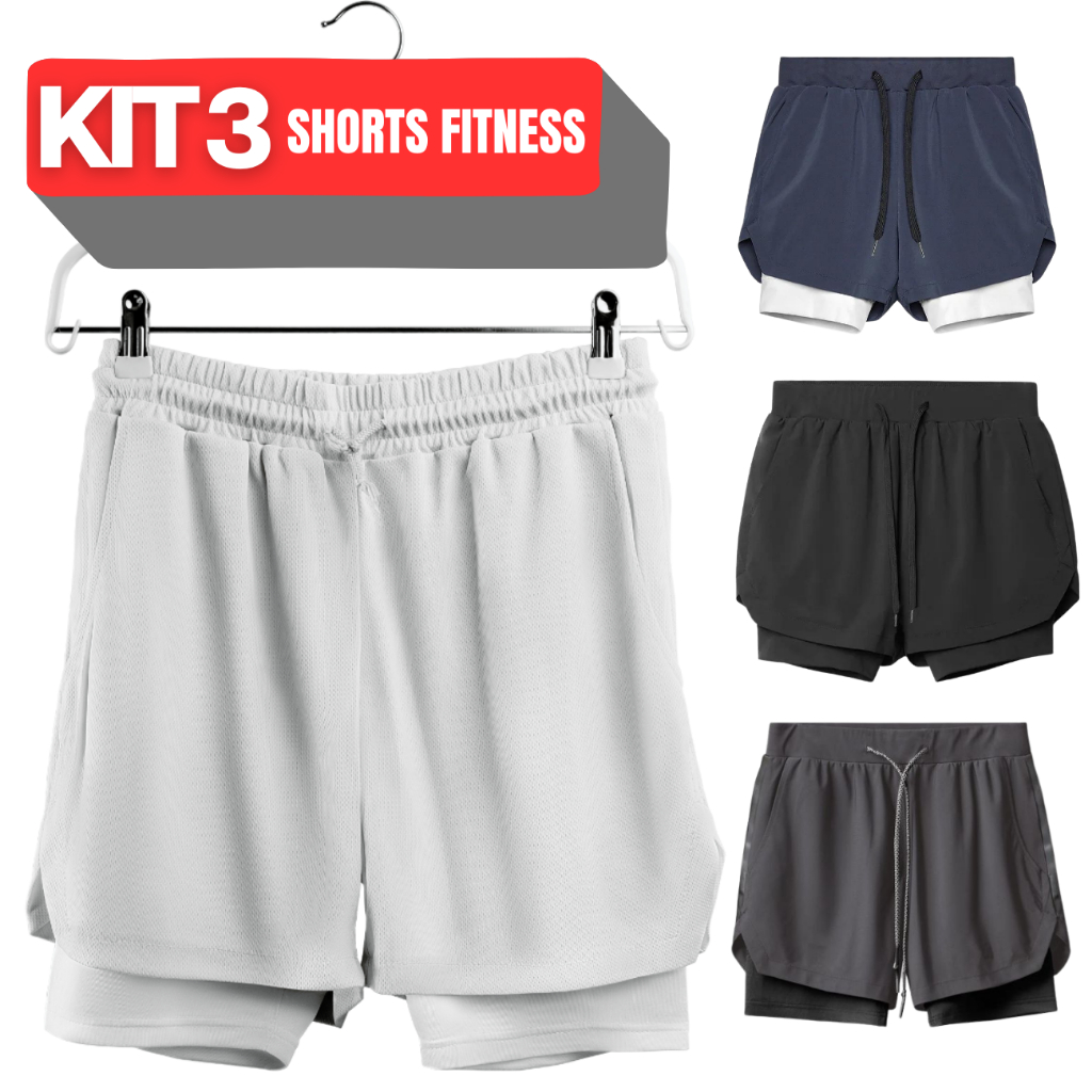 Kit 3 Bermudas 2 em 1 DryFit Masculinas Lisa em Oferta na Shopee