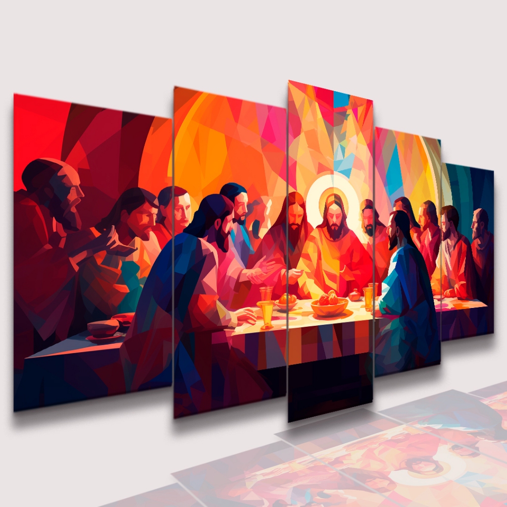 Quadro Decorativo Última Santa Ceia Jesus Cristo Apóstolos Vitral Colorida 5 Peças Sala Quarto Hall