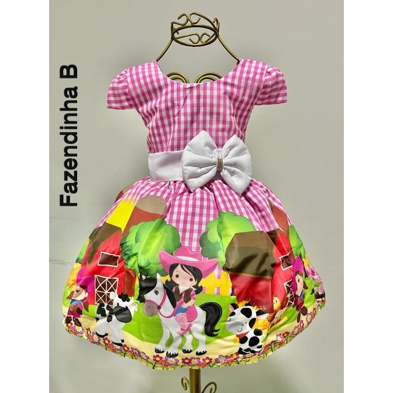 Vestido Temático infantil festa aniversário personagem fazendinha em Oferta na Shopee