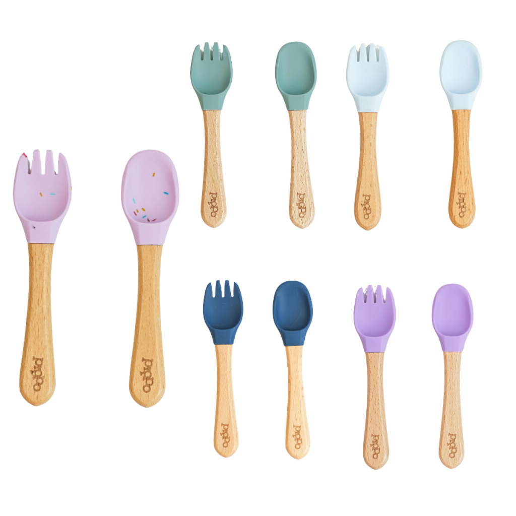 Kit Talheres Em Silicone Cabo Em Bambu Bebe Colher e Garfo