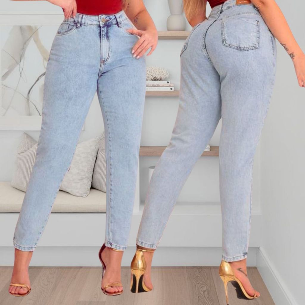 Calça Jeans Mom Feminina 100% Algodão Marmorizada Premium Perna Larga Cintura Alta Empina Bumbum