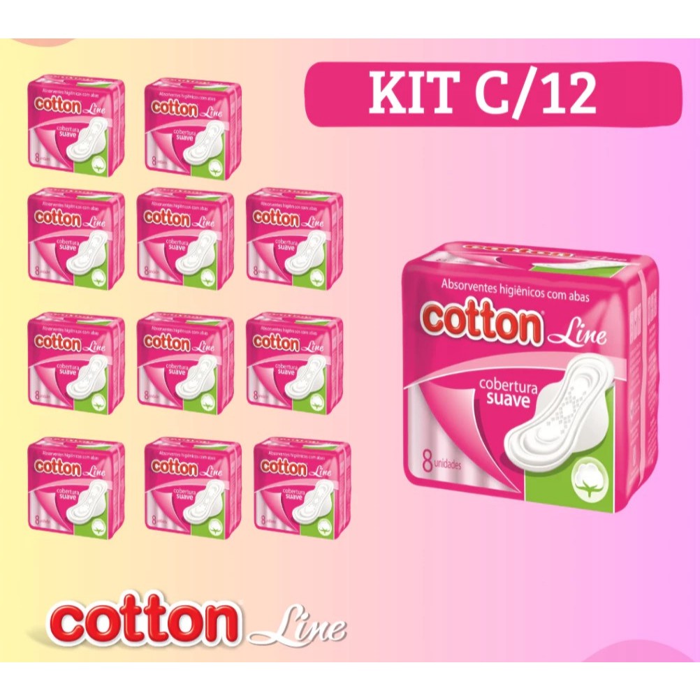 Kit c/ 12 Absorvente Cotton Line Cobertura Suave Com Abas em Oferta na Shopee