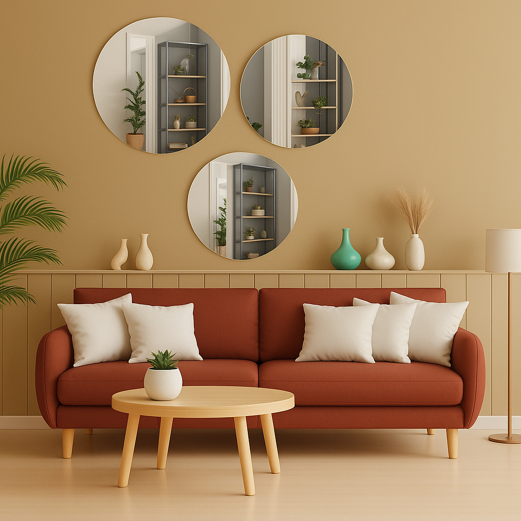 Kit com 3 Espelhos Redondos Lapidados Decorativo Moderno Premium + KIT DE INSTALAÇÃO