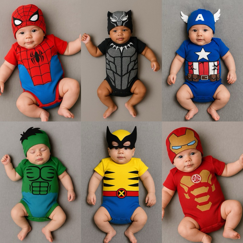 Body Temático Bebê Infantil com Touca / Fantasia Mesversário - Heroes