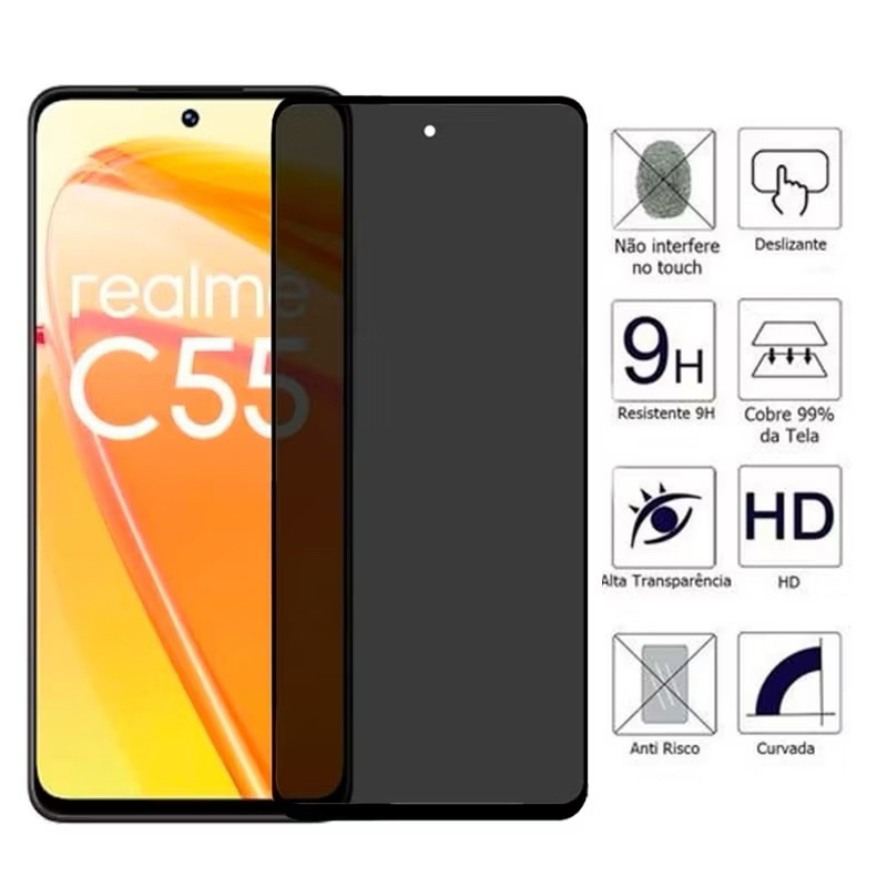 Película 3D Privacidade Realme C61/C63/C67/C75/C30/C30S/C33/C55/C53/C51/C65/NOTE 50 Protetor De Tela