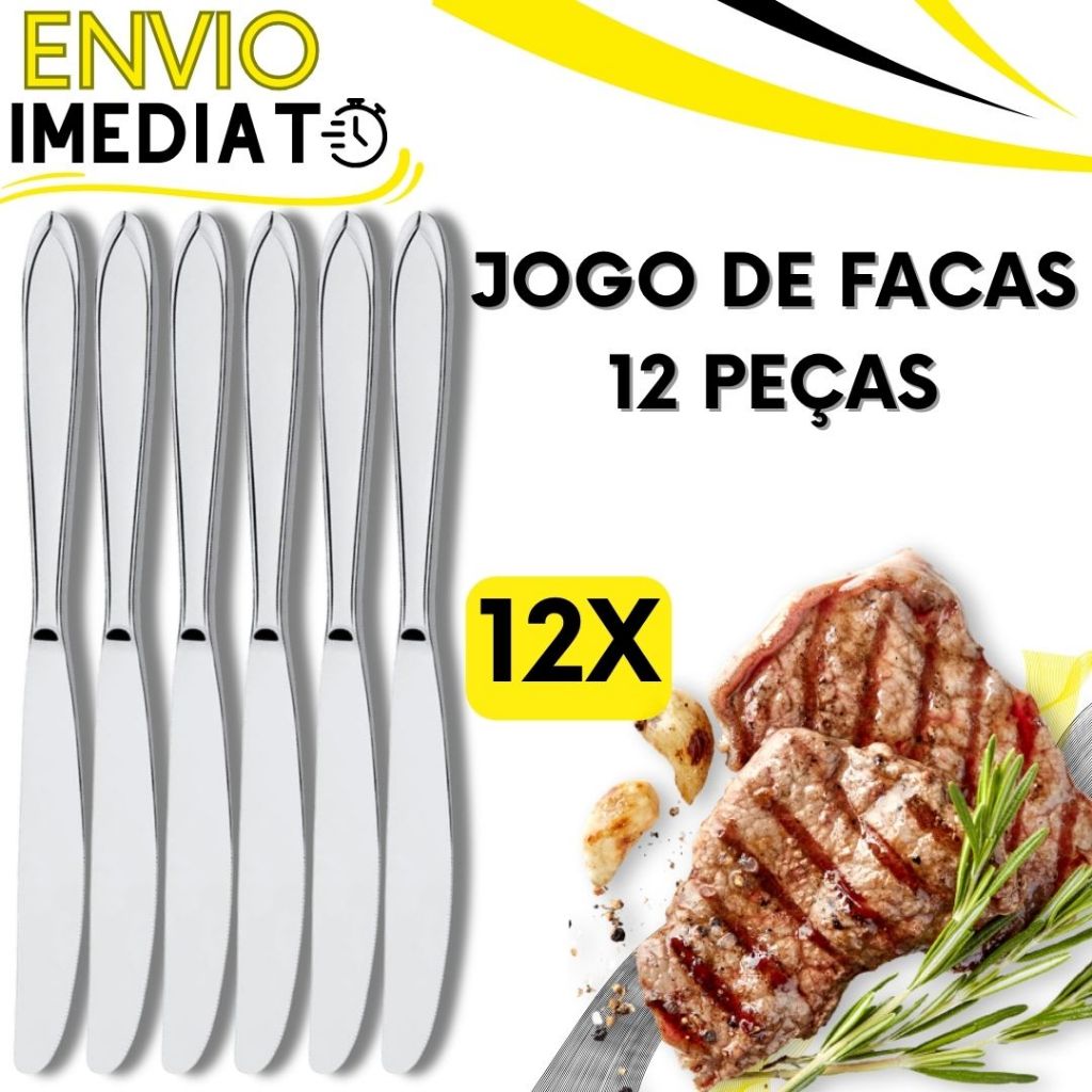 Jogo de Talher 12 Peças Faca de Mesa Inox PREMIUM Polido para Casa Cozinha Restaurante Bar Buffet Super Resistente Serra