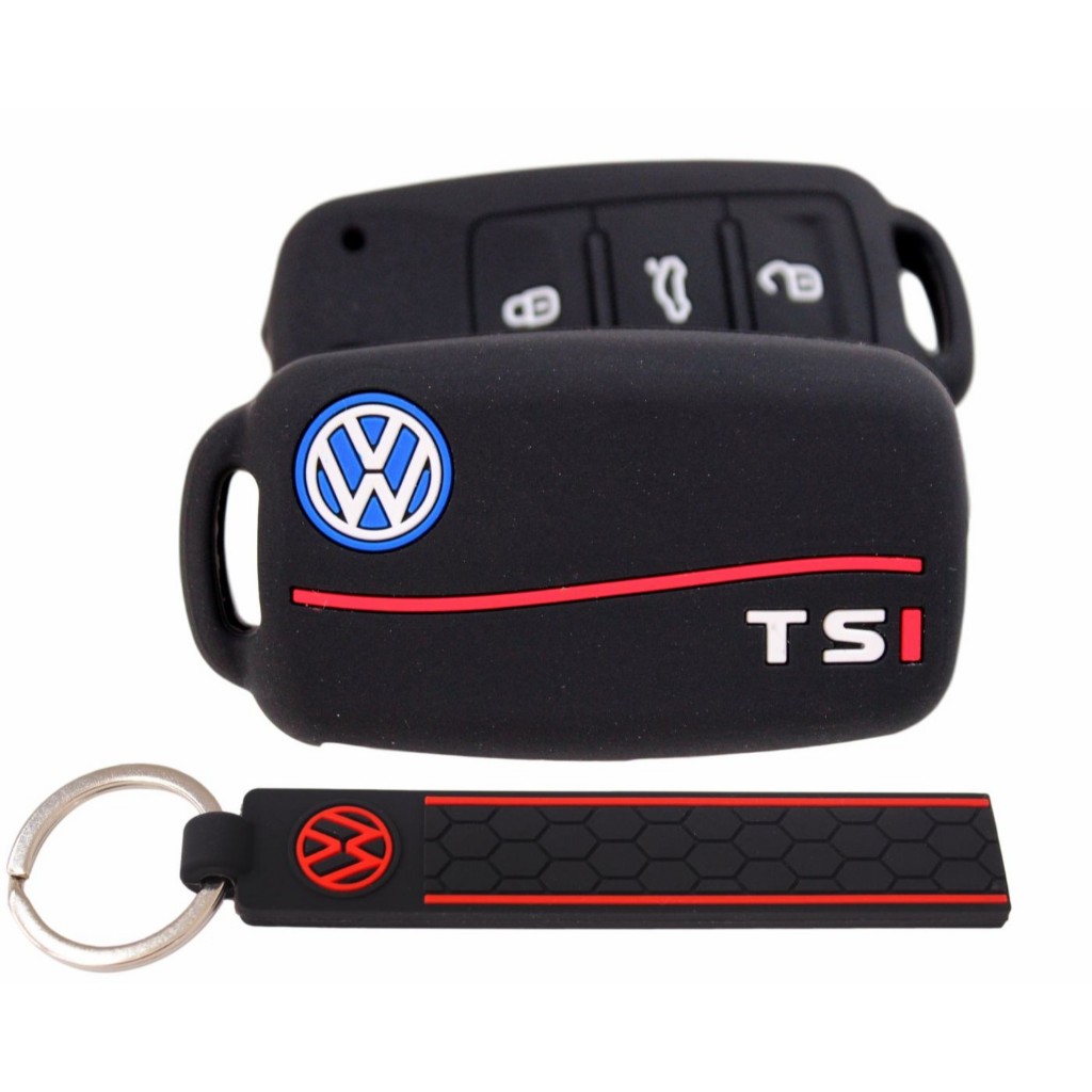 Kit Capa Chave Canivete Silicone TSI Faixa Vermelha Jetta Up + Chaveiro Vw Vermelho