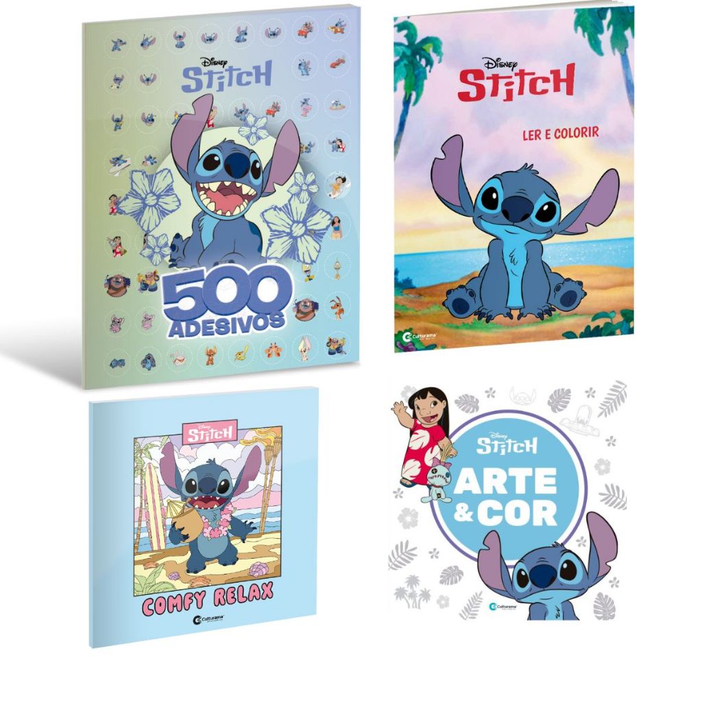Kit Livros Infantis 500 Adesivos+ Stitch Comfy Relax + Arte e Cor + Ler e Colorir