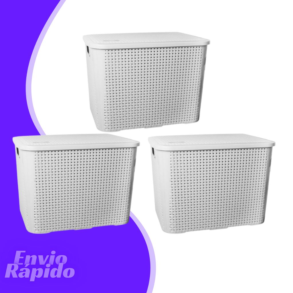 Kit 3 Caixa Plastica Organizadora Rattan 28 Litros Cesto Organizador Multiuso Empilhavel Com Tampa Anti Mofo Resistente
