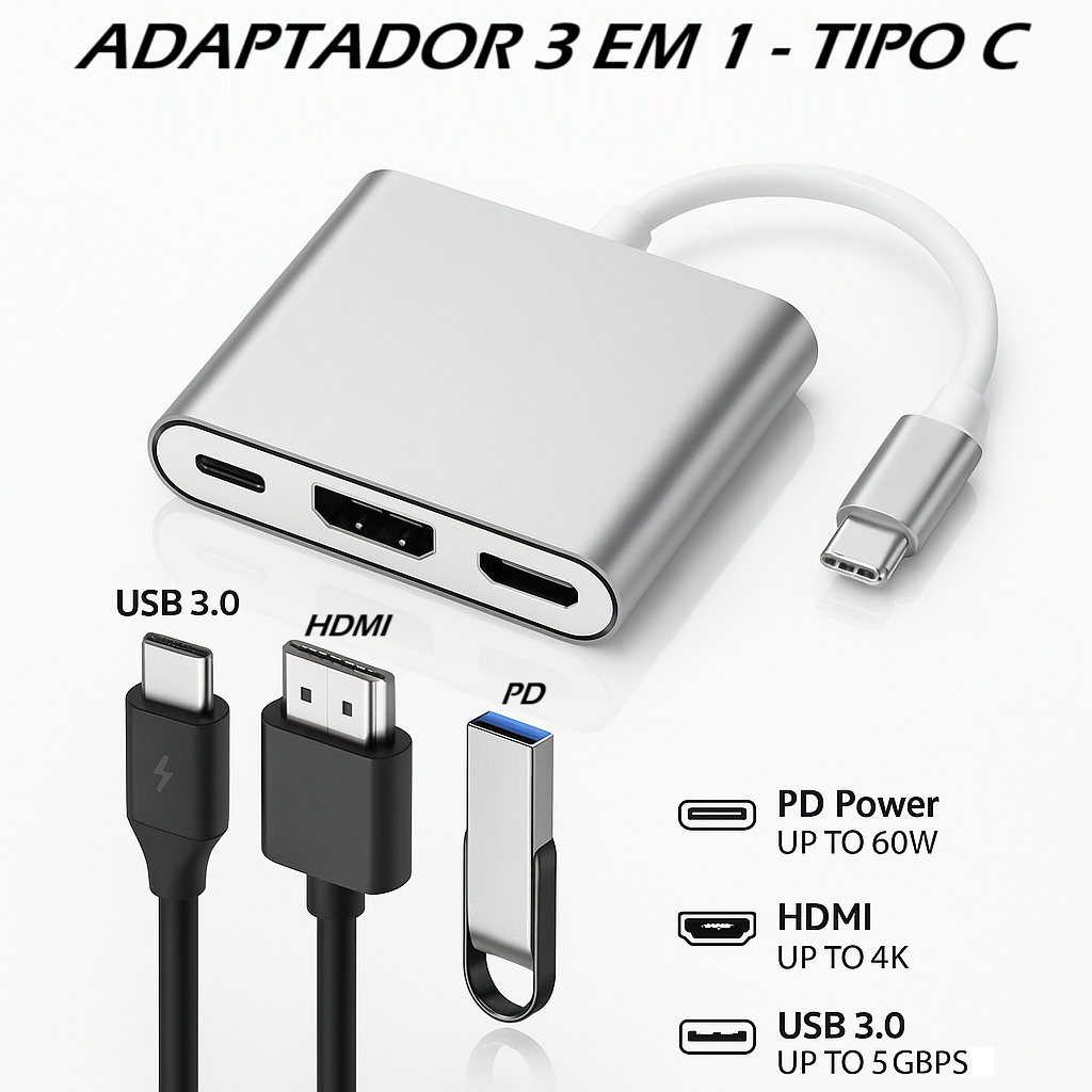 Cabo Adaptador 3 em 1 Conversor USB Tipo-C para HDMI + USB 3.0 + Tipo U3V-A3N1 em Oferta na Shopee
