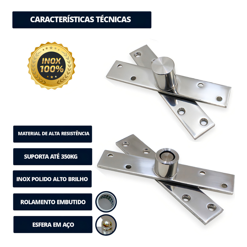 Dobradiça para Porta Pivotante 350kg Aço Inox Pino Pivotante Reforçado