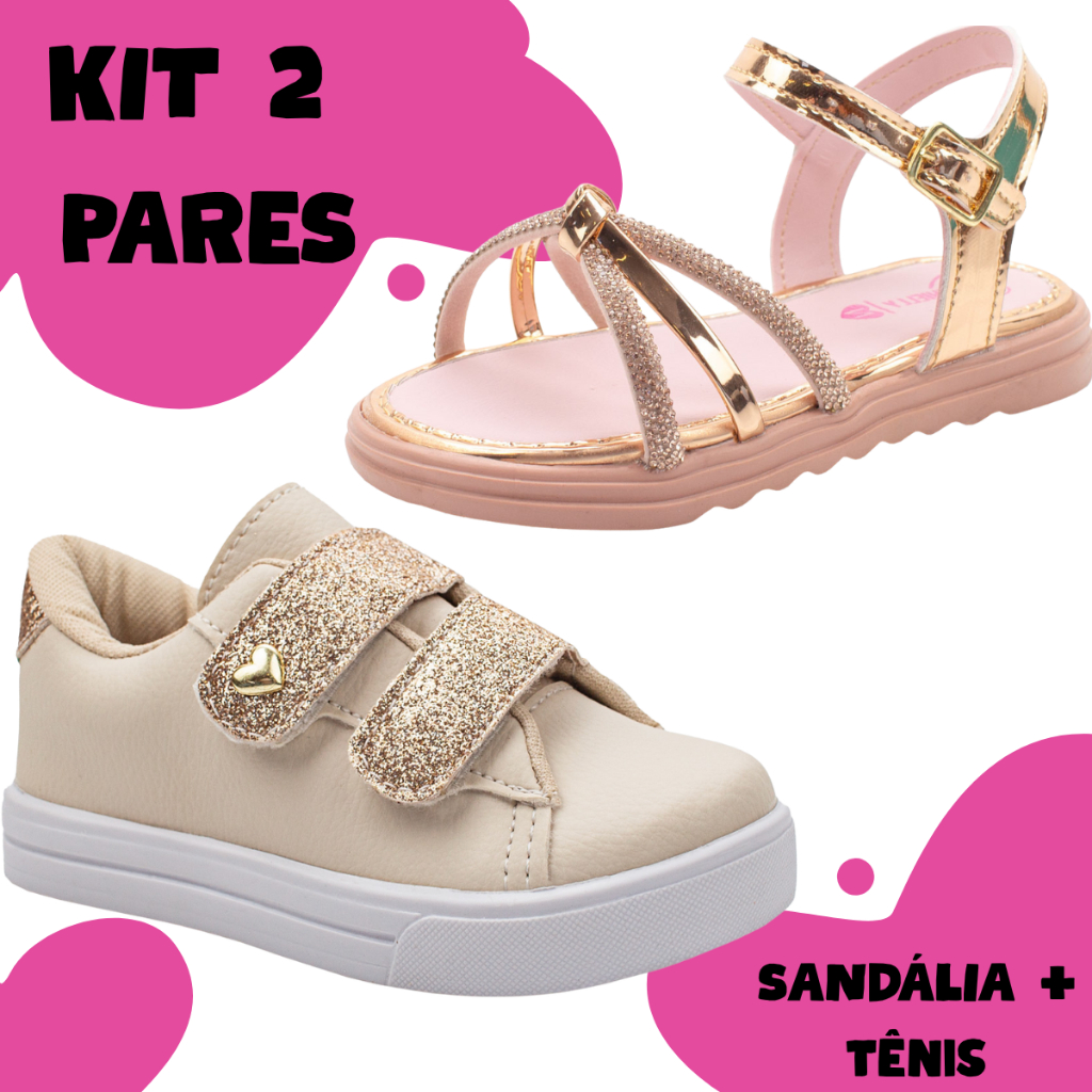 Combo 2 Pares Infantil Menina Sandália Tênis Slip Confortável Brilho Strass Glitter Promoç...