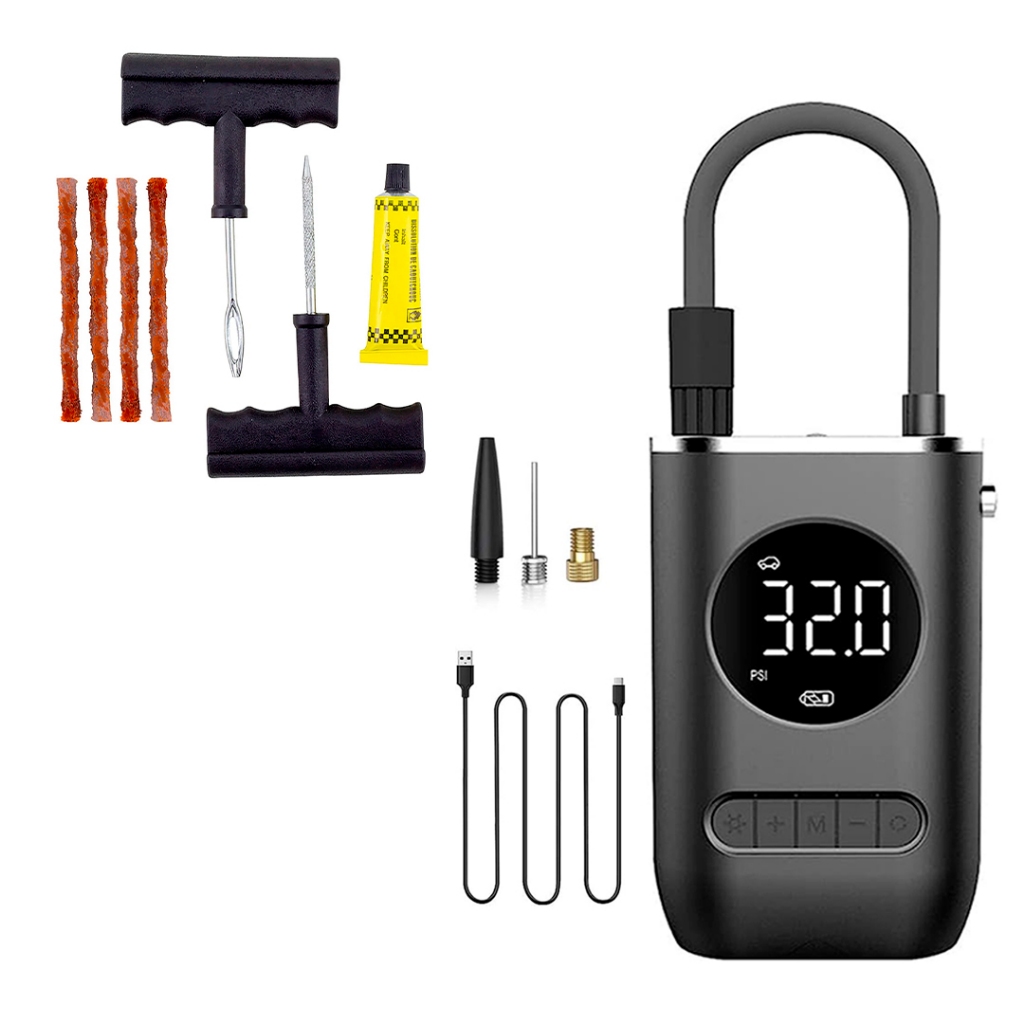 Kit Mini Compressor Portátil Bomba de Encher Pneu + Kit Reparo Pneus em Oferta na Shopee