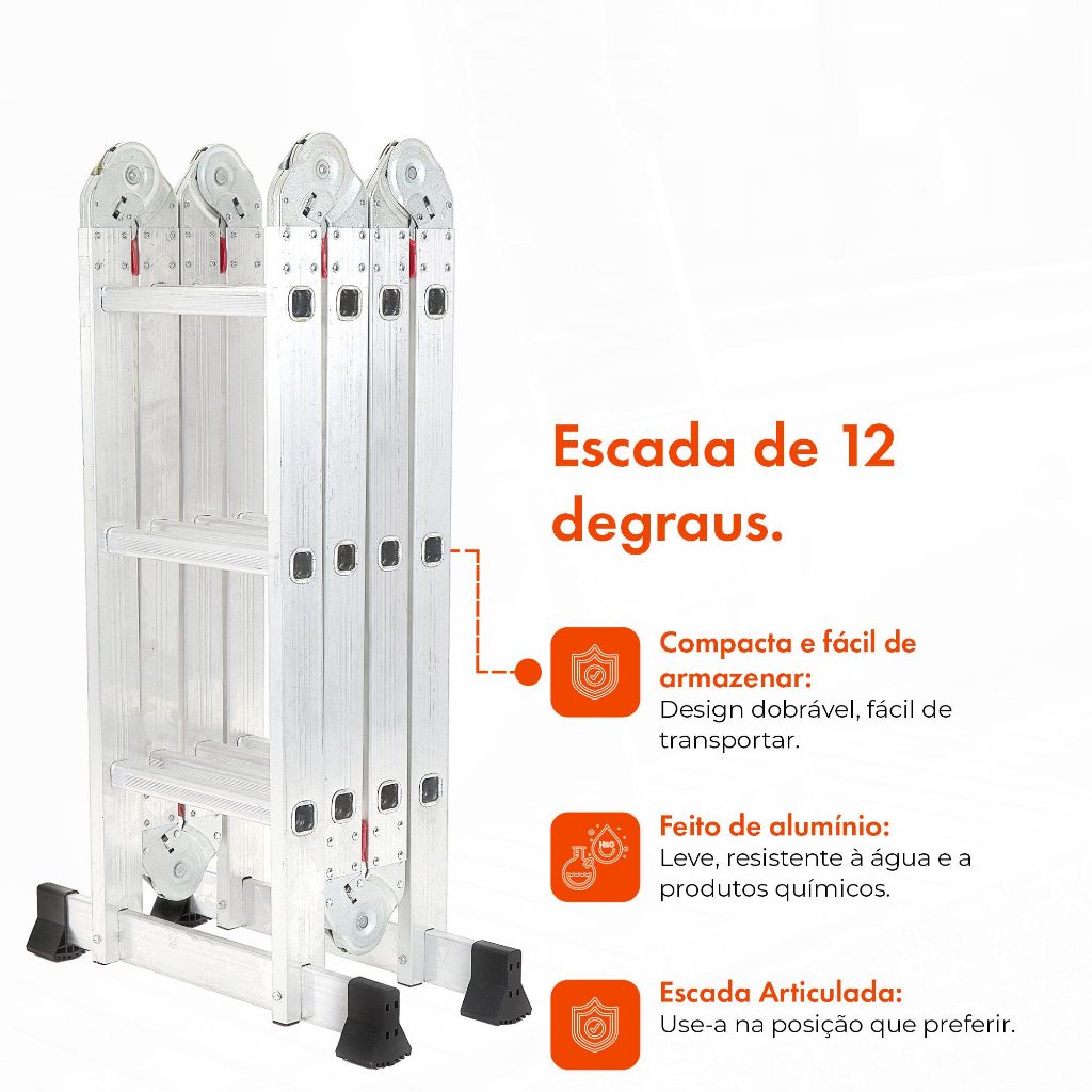 Escada Articulada de Alumínio 12 Degraus 3,32 Metros de Altura Multifuncional 4x3