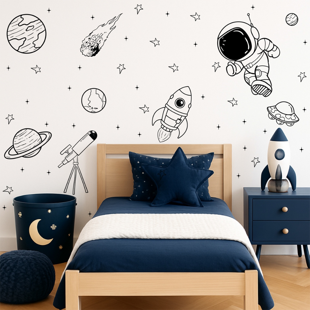 Adesivo De Parede Astronauta Planetas Foguete Luneta Céu Estrelado Estrela espaço galaxia em Oferta na Shopee