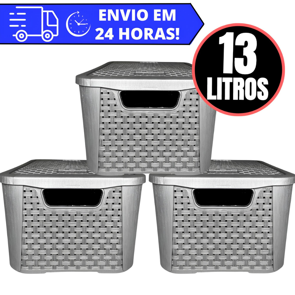 Kit 3 Caixas Organizadora Rattan REFORÇADA 13 LITROS - CINZA