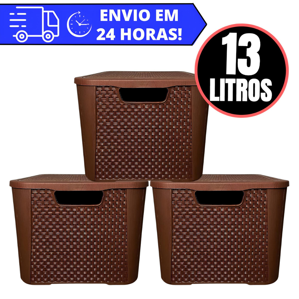 Kit 3 Caixas Organizadora Rattan REFORÇADA 13 LITROS - MARROM