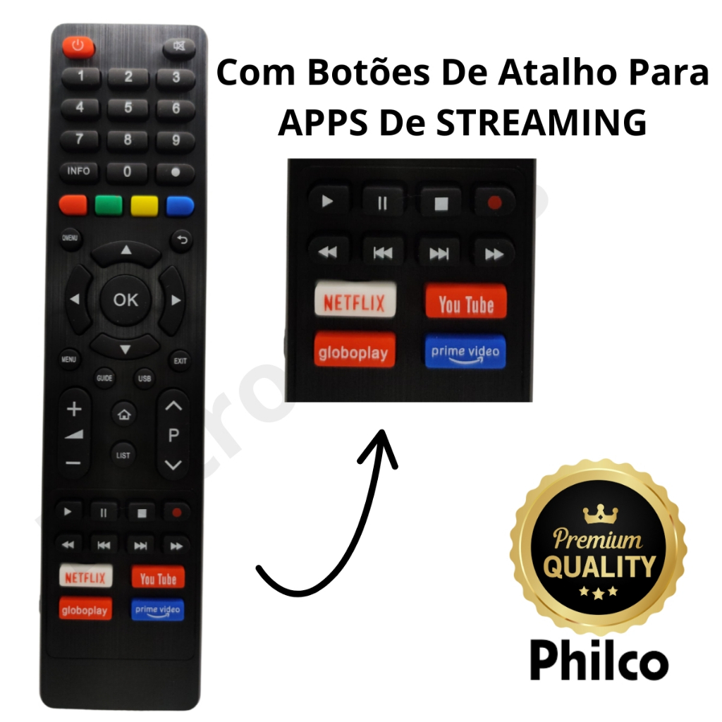Controle remoto compatível com TV Philco Smart com Netflix, YouTube globoPlay Prime Vídeo
