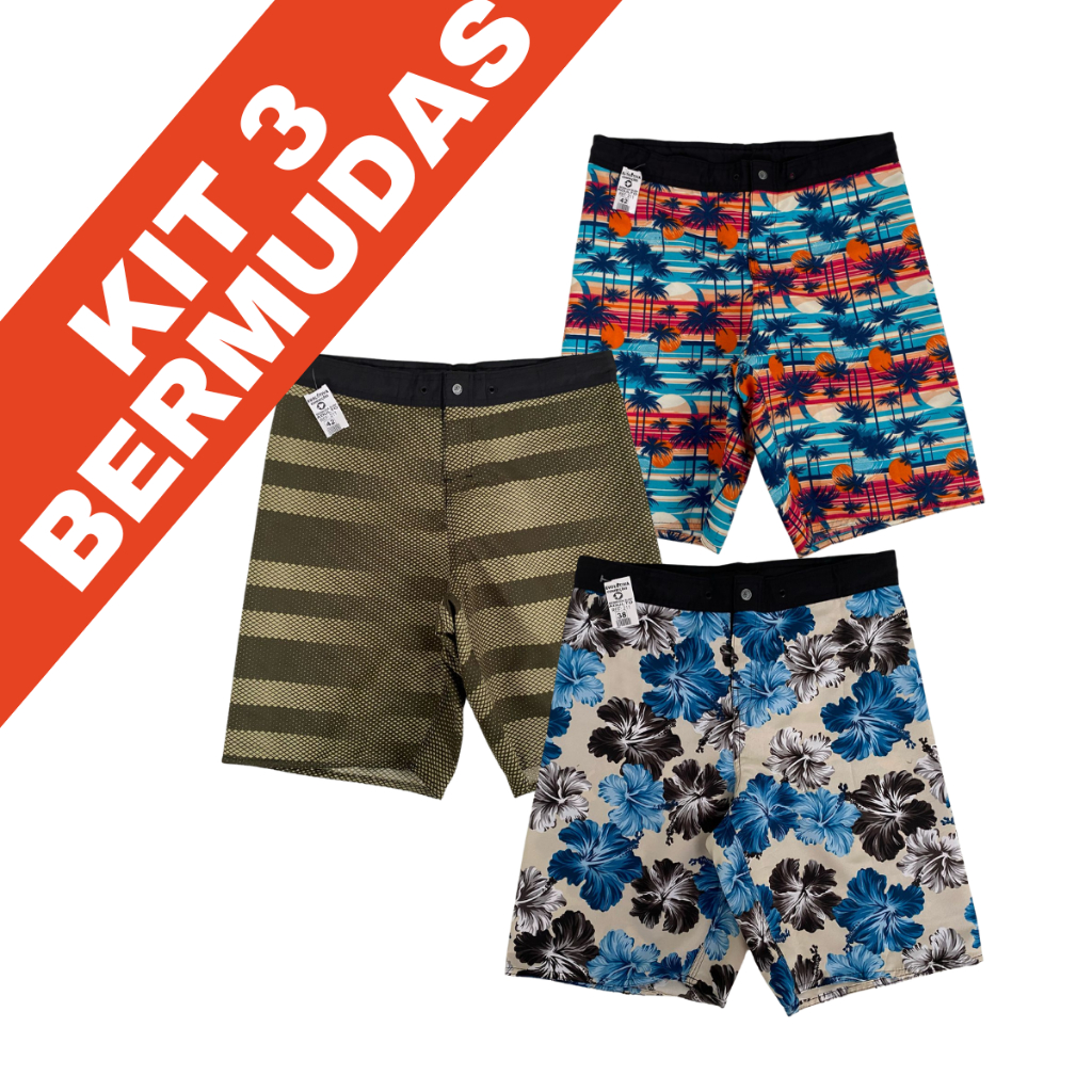 Kit 3 Bermudas Elastano  Masculinas Tactel Premium - Secagem Rápida e Ideal para Praia e Piscina