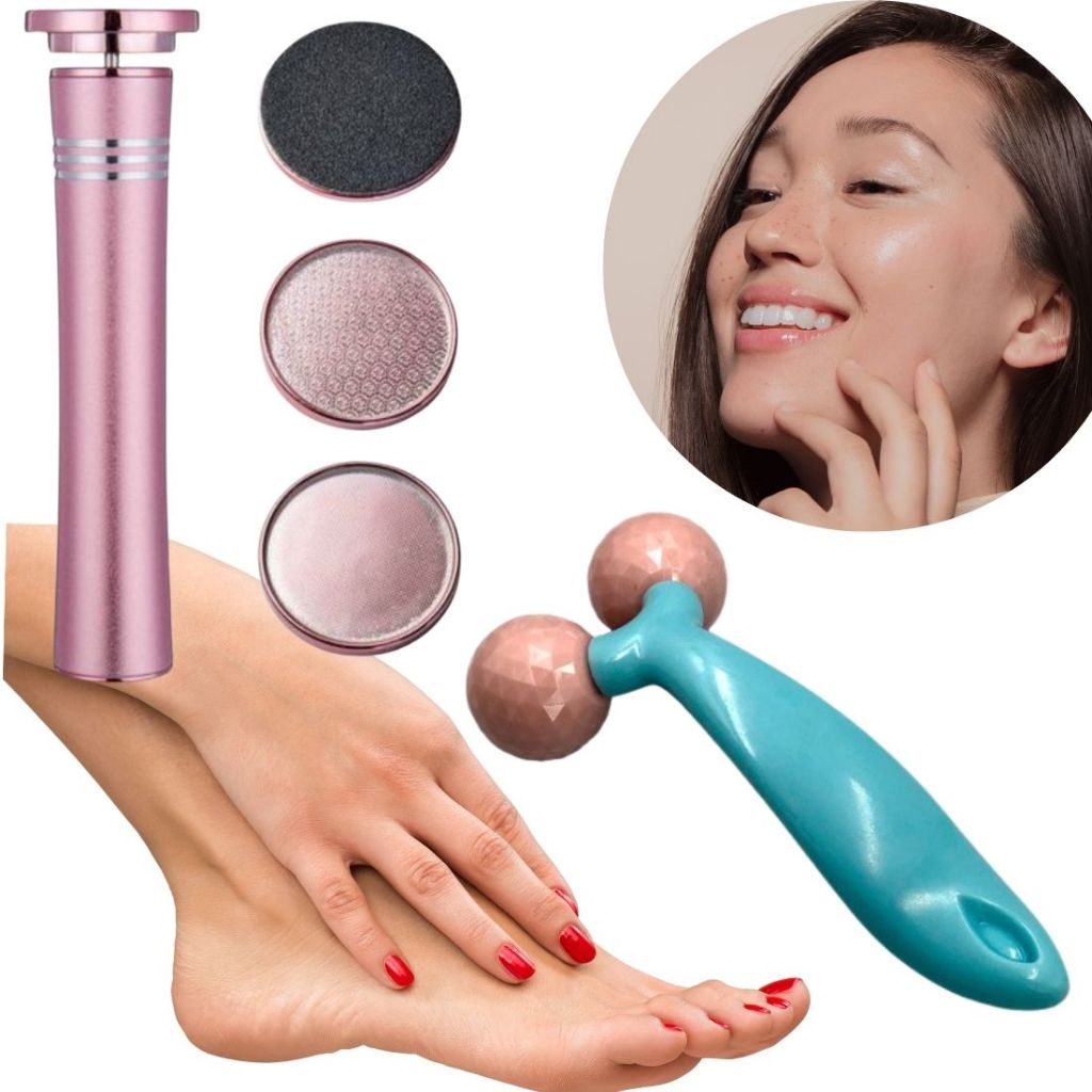 Kit Esfoliador Elétrico Pés Ásperos USB + Massageador Facial Corporal 3D Roller Anti-Ruga Terapêutico
