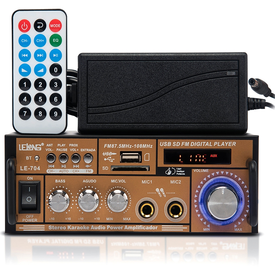 Amplificador De Som Áudio Bluetooth Receiver 200w Rádio Fm Usb Karaokê Rádio Fm