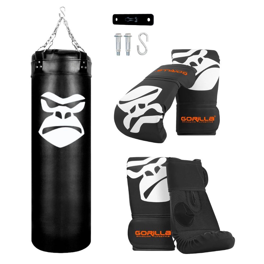 Saco De Pancada Profissional 90Cm + Luva Bate Saco Pro Adulto + Luva Infantil + Suporte Teto Gorilla