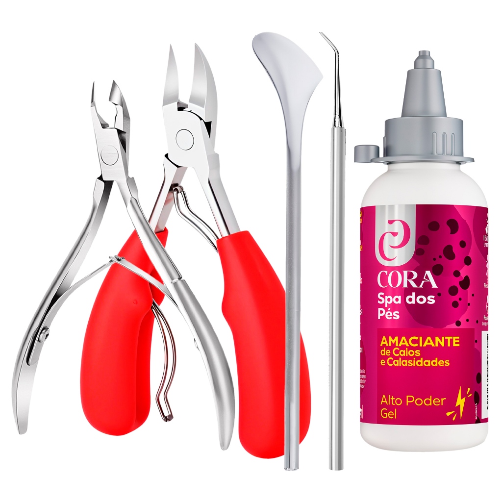 Kit Podologia Alicates Inox Cabo Mola Dupla Espátula Raspador Gel Amaciante Calos Calosidades Cora