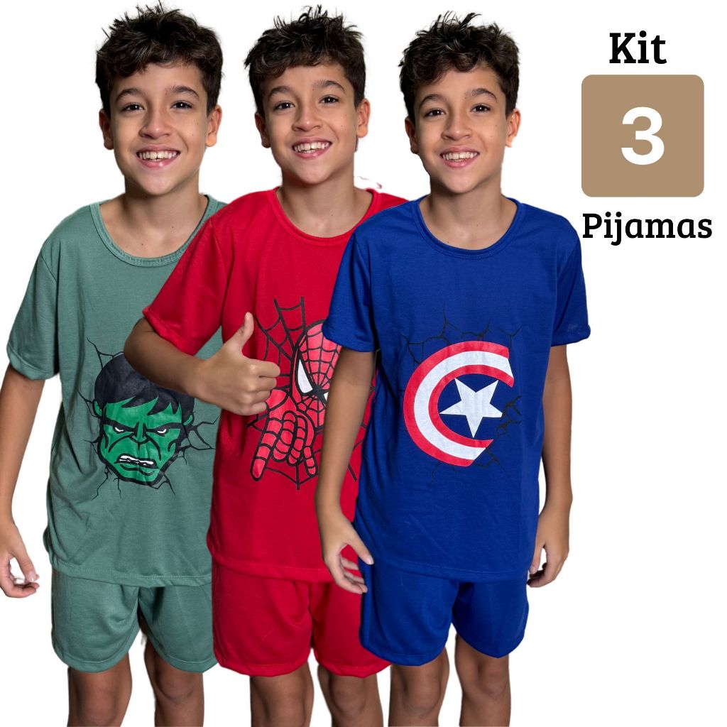 Kit com 3 Pijama Baby Doll Infantil Personagens Sortidos de Menino Regata ou Meia manga