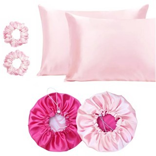 Kit Cetim Antifrizz Pink e Rosa Bebê 2 Touca 1 Face de Cetim 2 Fronha de Cetim 2 Xuxinha Para Cabelo Colorido Cores