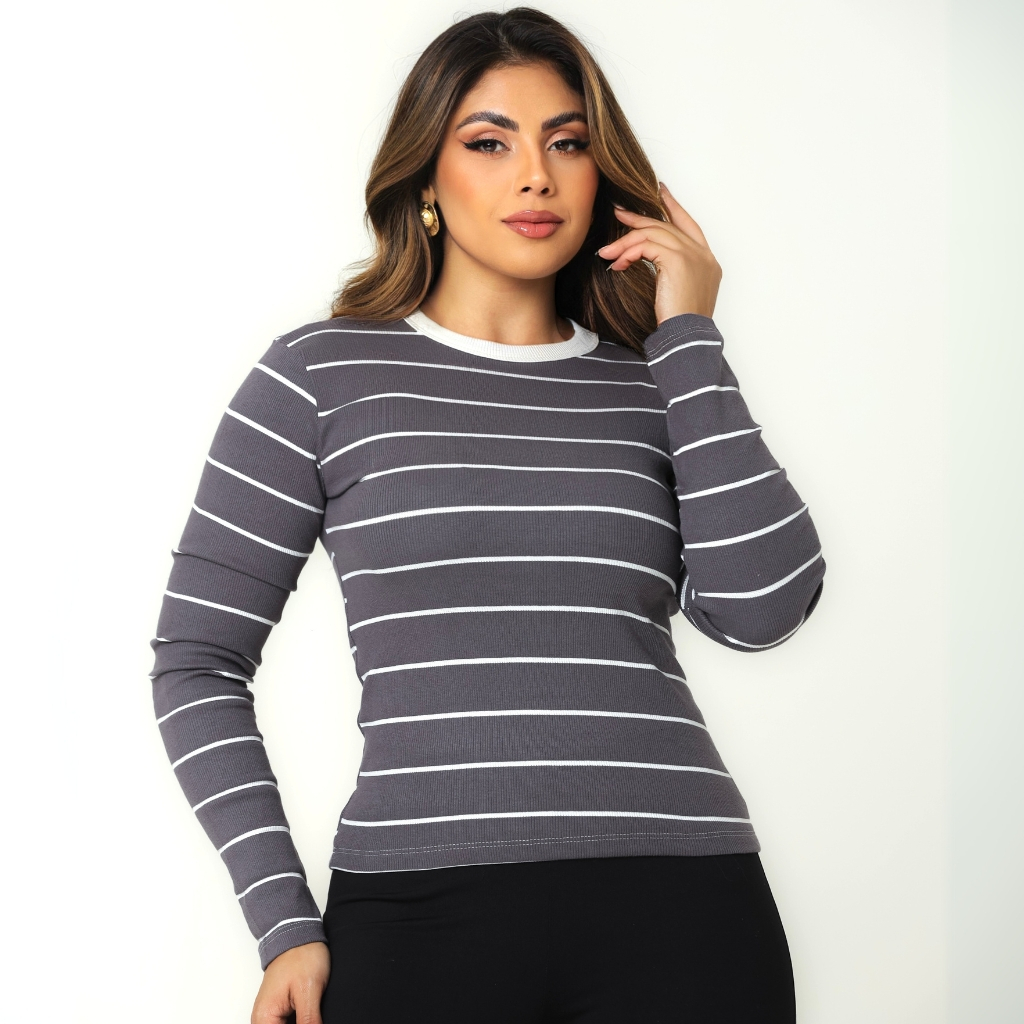 Blusa Feminina Manga Longa Listrada Canelado Ribana