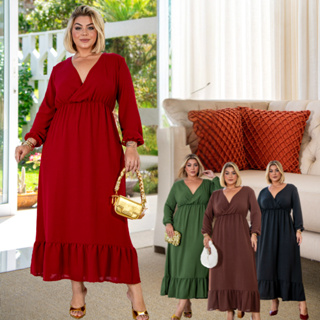 Vestido Plus Size Longo Tecido Duna Decote V Mangas Longas Elegante em Oferta na Shopee