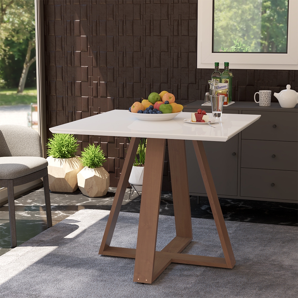 Mesa Quadrada Jantar 90cm Manu Branca Base Madeira Maciça