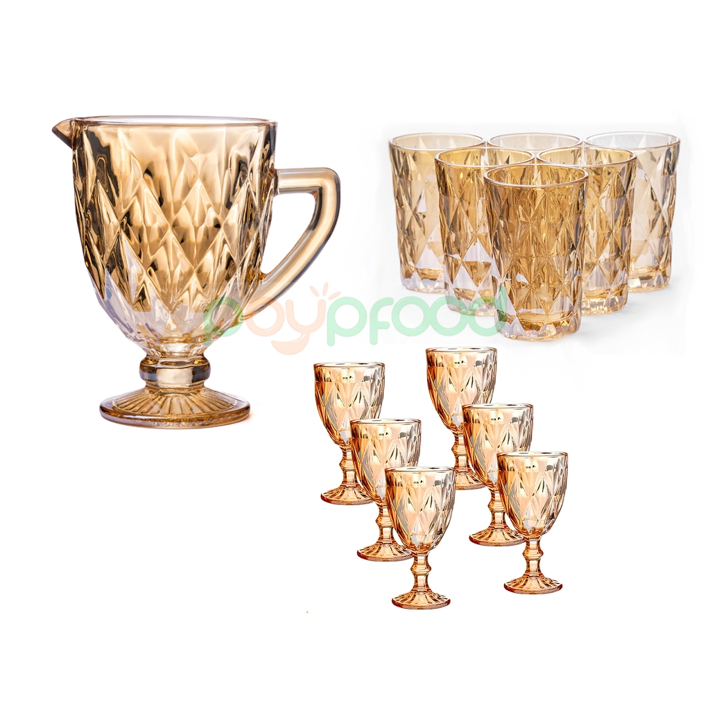 KIT COMPLETO Jarra Diamond 1L + 6 Taças 320ML e 6 Copos 390ML - Presente Elegante Festas B...