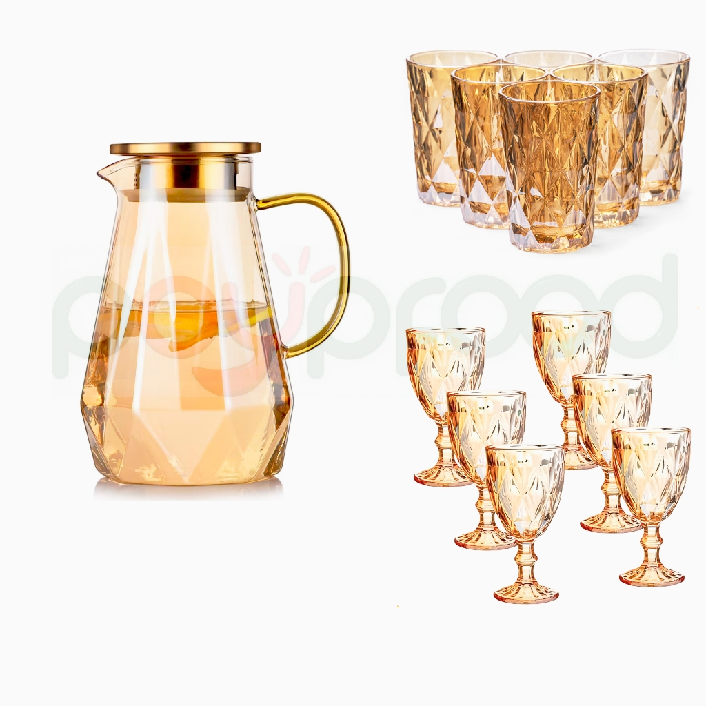 KIT COMPLETO Jarra Diamond 1,8L, 6 Taças 320ML, 6 Copos 390ML Presente Elegante Festas Bri...